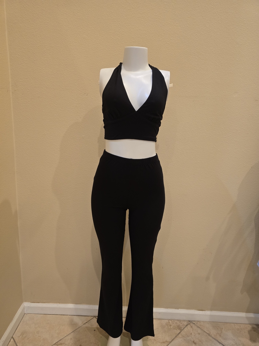 Women’s Black Halter Crop Top and Flared Pants Set